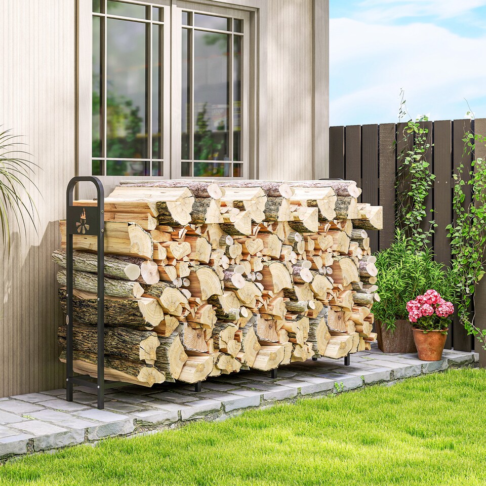 image 1 of Outsunny 6.5 FT Steel Firewood Log Rack with 300 kg Capacity, Heavy Duty Indoor Outdoor Fireplace Wood Storage Shelf, Log Holder/Stand with Extra Support Legs, Decorative Bonfire Pattern, Black