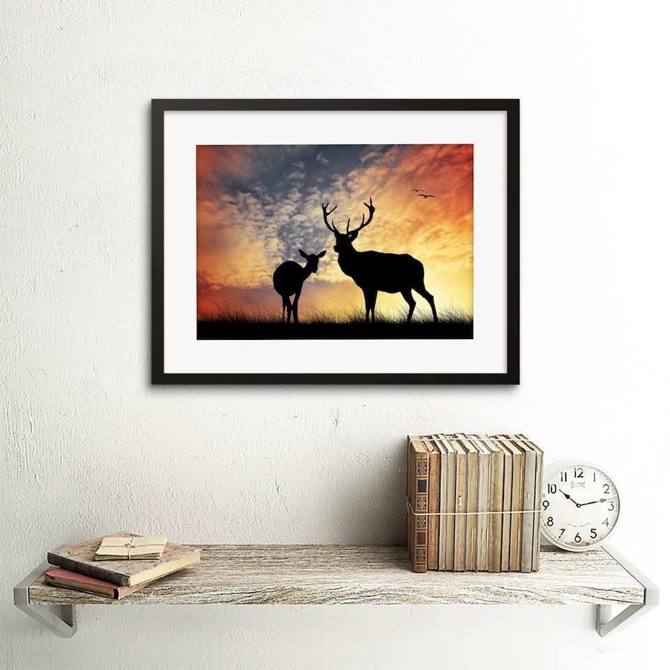 image 1 of Photo Composition Deer Silhouette Sunset Sky Stag Framed Wall Art Print