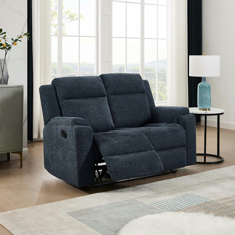 image 1 of Orka 2 Seater Manual Recliner Chenille Fabric Sofa Blue