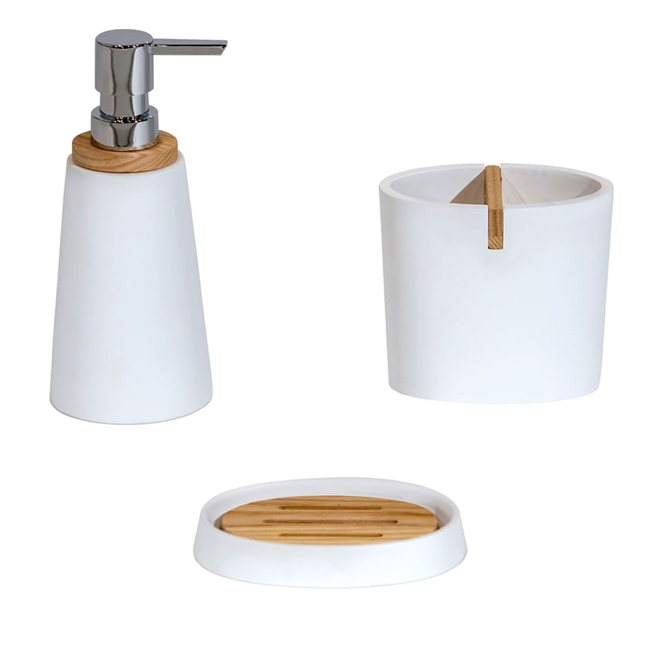 image 1 of Showerdrape Sonata White & Bamboo 3 Piece Bathroom Accessory Set | White | White | 1