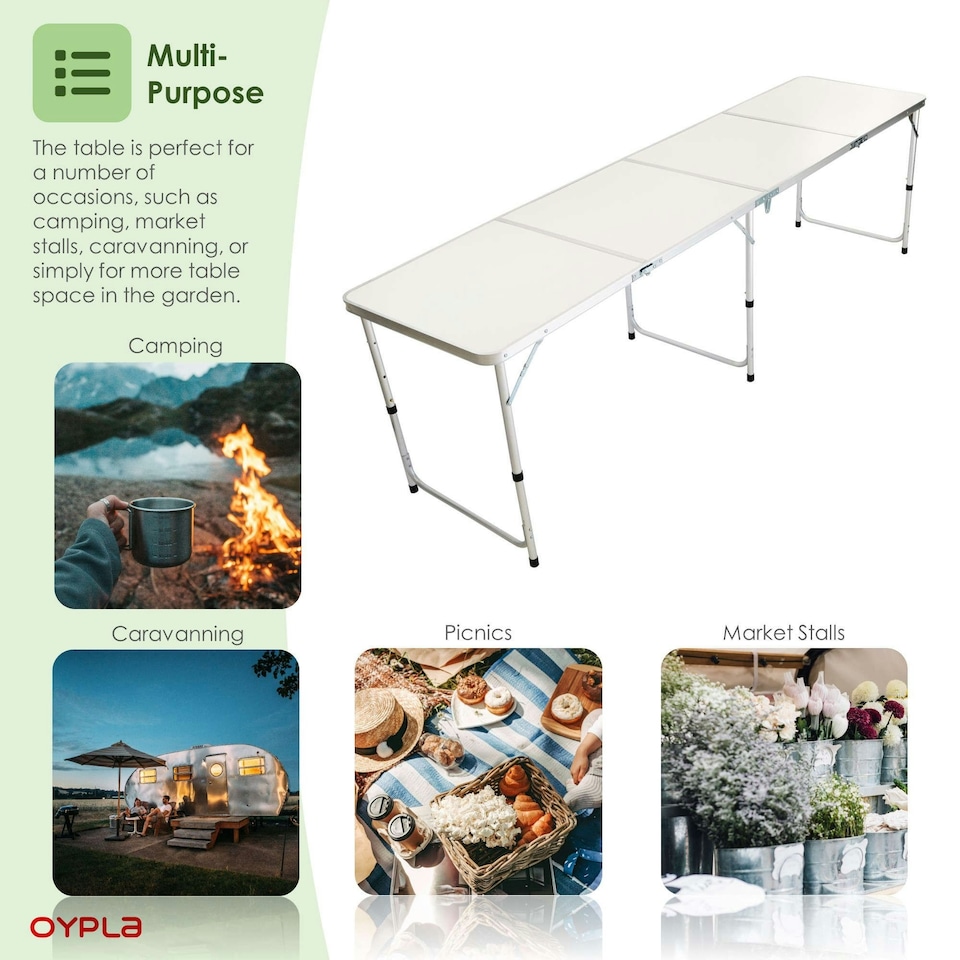 image 1 of Oypla 8ft Folding Outdoor Camping Kitchen Extending Work Top Table White