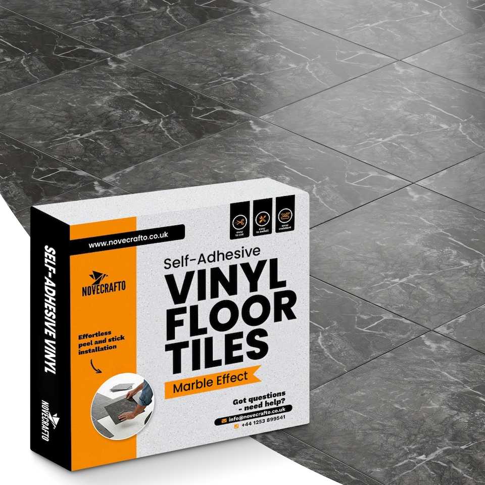 image 1 of NOVECRAFTO Self Adhesive Vinyl Floor Tiles - 12x12 in (30.5x30.5cm) - Waterproof 1.5mm Thick Peel & Stick Flooring - Luxe Marble Effect for Kitchen | Black | 0.9 sqm