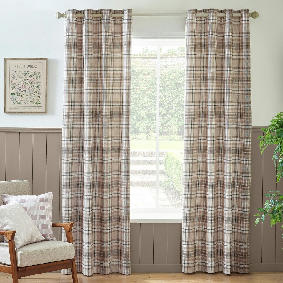 image 1 of Catherine Lansfield Cullen Termal Check Brushed Cotton 66x90 Inch Eyelet Curtains Natural Cream | Natural