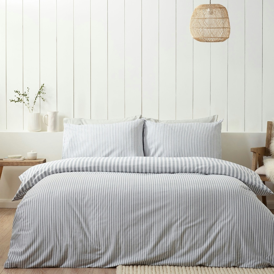 image 1 of Catherine Lansfield Brushed Stripe Cotton Reversible Duvet Cover Set Silver Grey | Silver | King