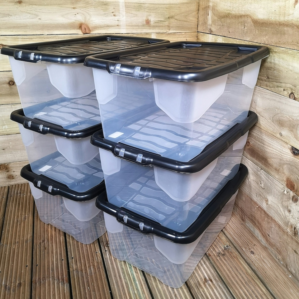 image 1 of 6 x 42L Clear Storage Box with Black Lid, Stackable and Nestable Design Storage Solution