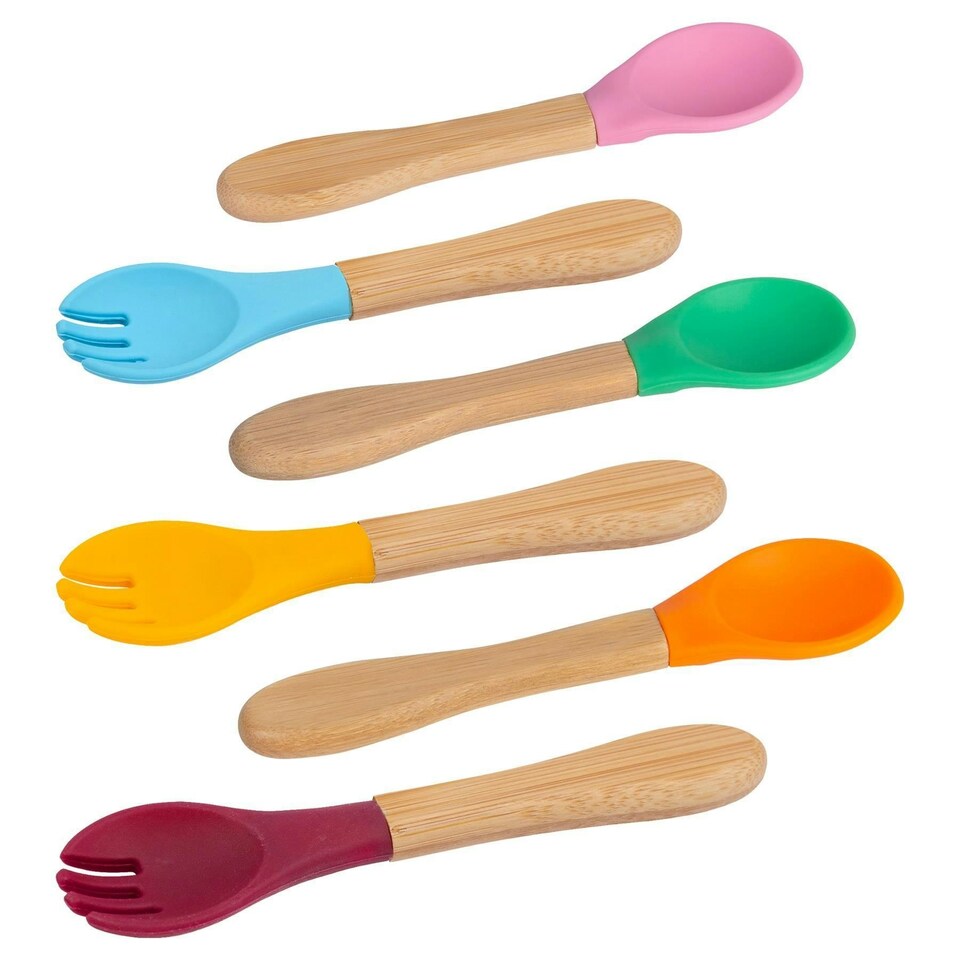 image 1 of Tiny Dining 6pc Bamboo Baby Weaning Forks Set with Silicone Tip - Multicolour