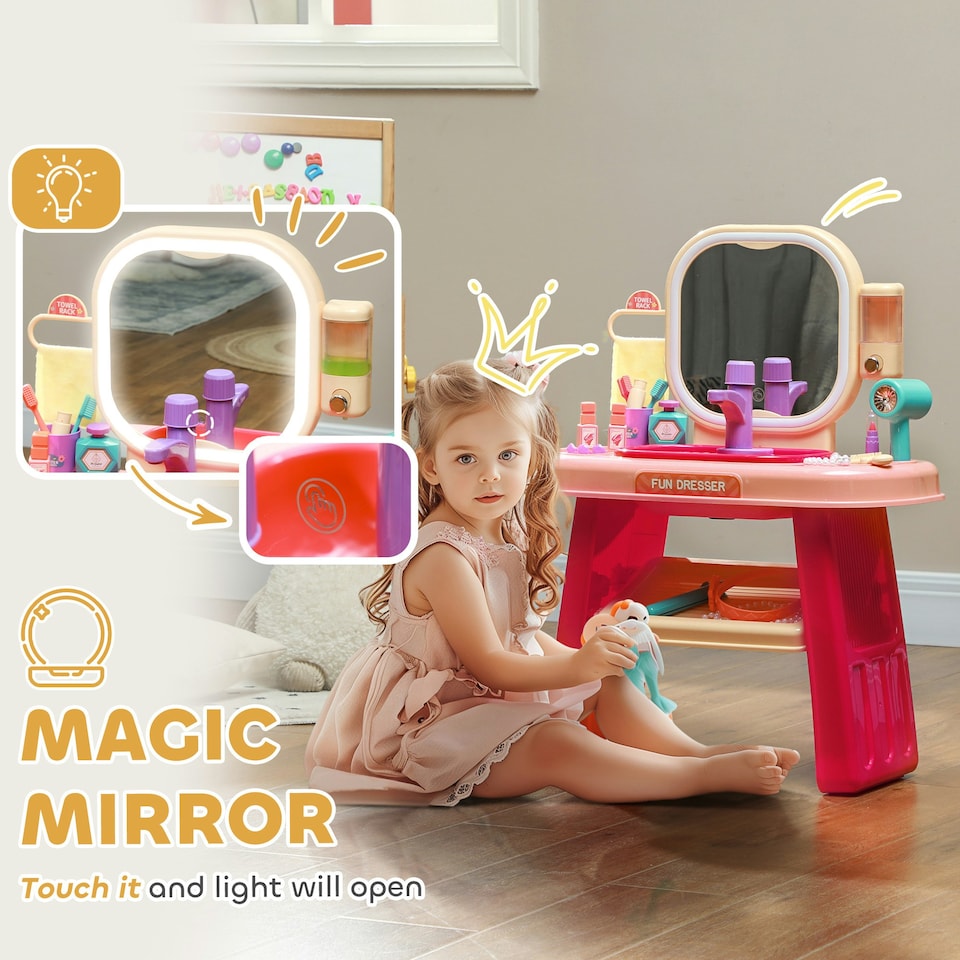 image 1 of AIYAPLAY Kids Dressing Table with Mirror, LED Light, Music, 23 Accessories