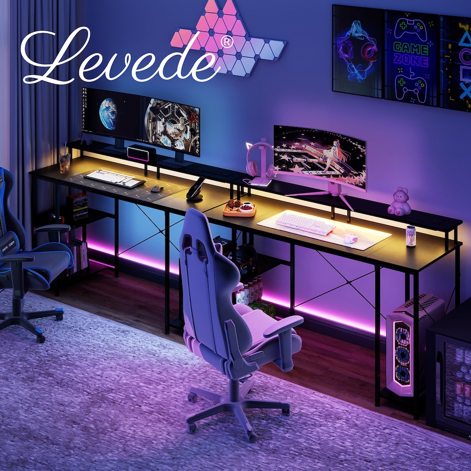 image 1 of Levede Gaming Desk Computer Table with Monitor Shelf Power Outlets RGB Light