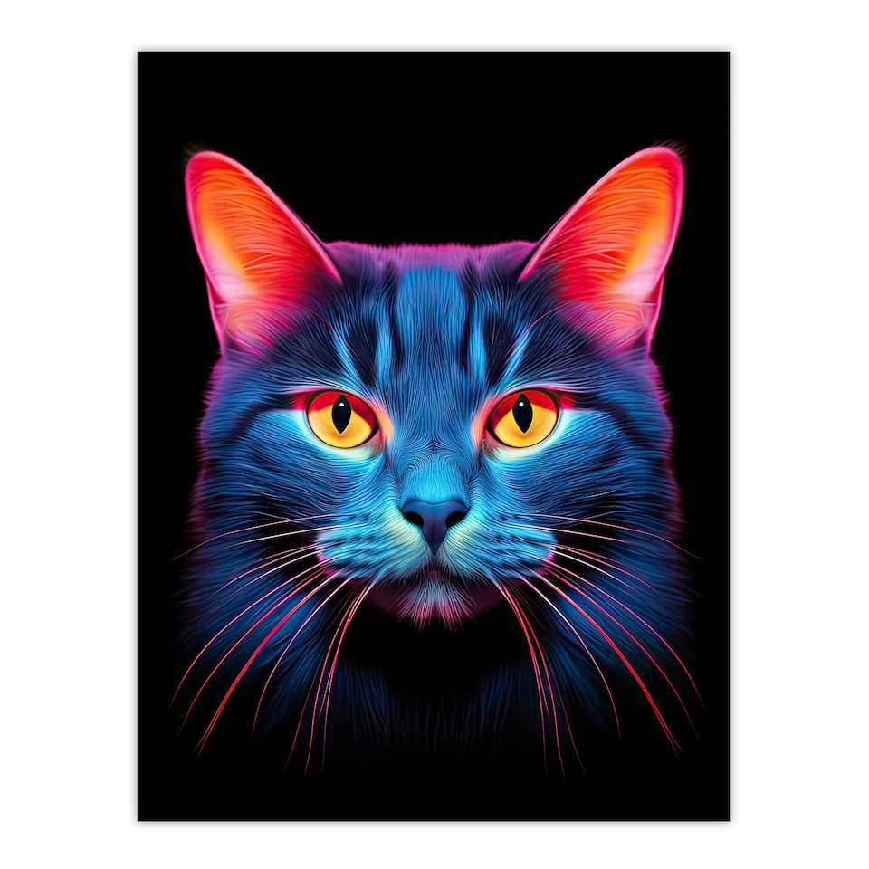 image 1 of Luminescent Cat Orange Purple High Contrast Black Framed Wall Art Print A4