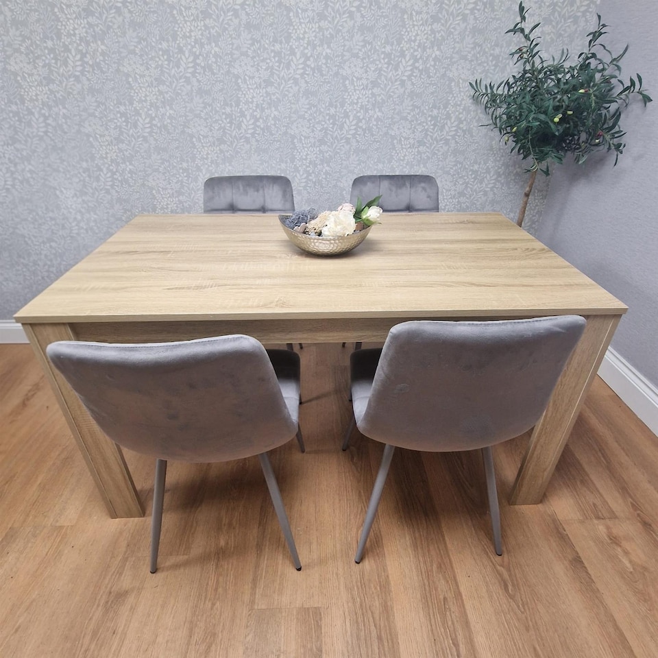 Oak Effect Dining Table Set With 4 Grey Velvet Chairs Dining Room ...