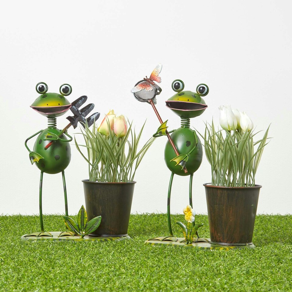 image 1 of Homescapes Metal Frog with Butterfly Net and Flower Pot - 31 cm Tall