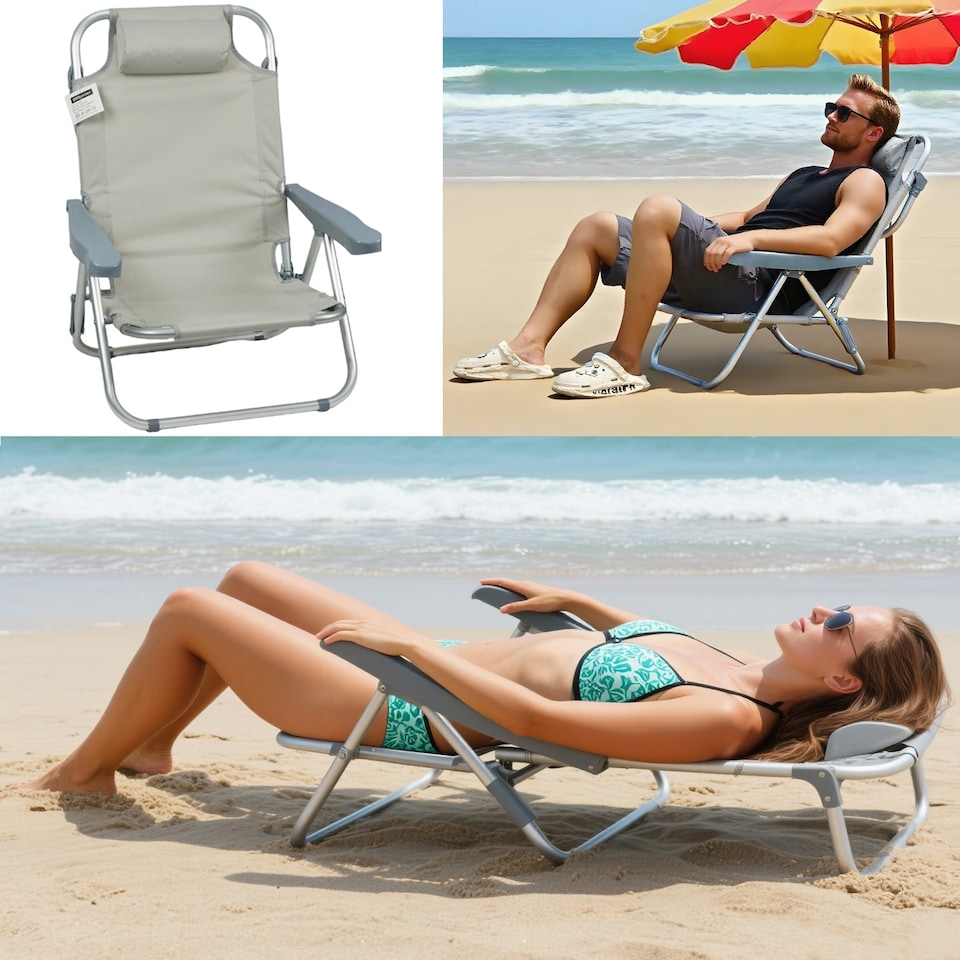 image 1 of Gr8 Garden Grey Folding Beach Deck Chair Portable Sun Bed Lounger 4 Adjustable Position