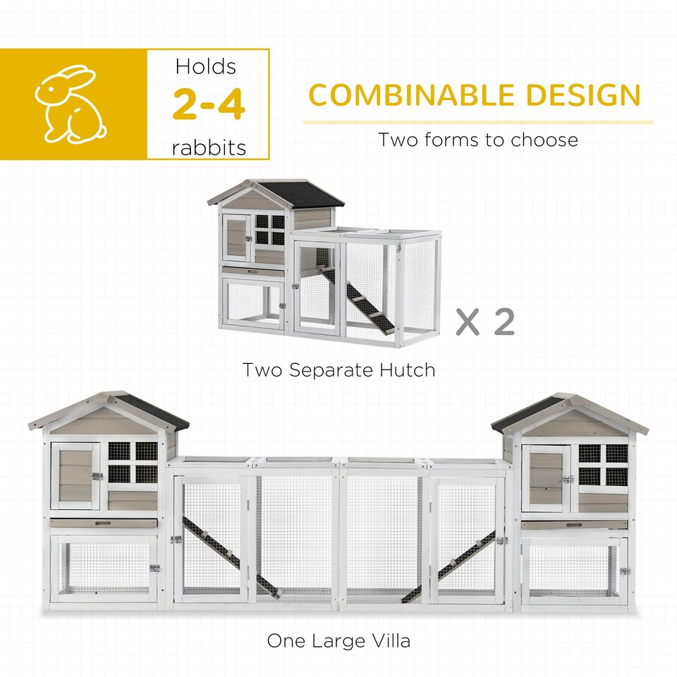 image 1 of PawHut 2 in 1 Rabbit Hutch, Guinea Pig Hutch Outdoor w/ Run & Tray, Grey