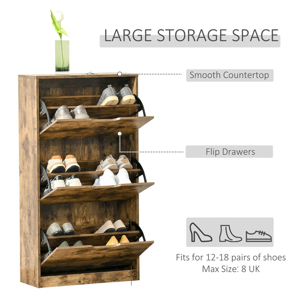 image 1 of HOMCOM Shoe Cabinet Entryway Rack with 3 Flip Drawers Adjustable for 18 Pairs