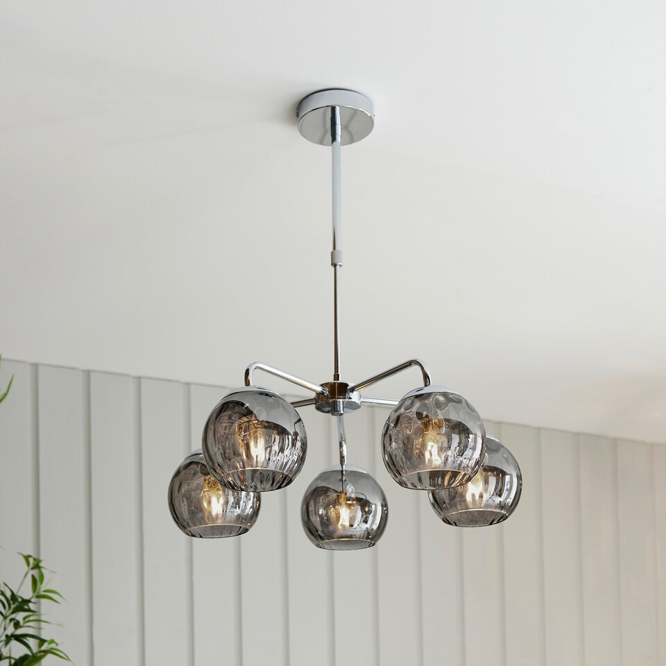 image 1 of Dimple Multi Arm Glass Pendant Ceiling Lamp, Chrome Plate, Smoked Mirror Glass