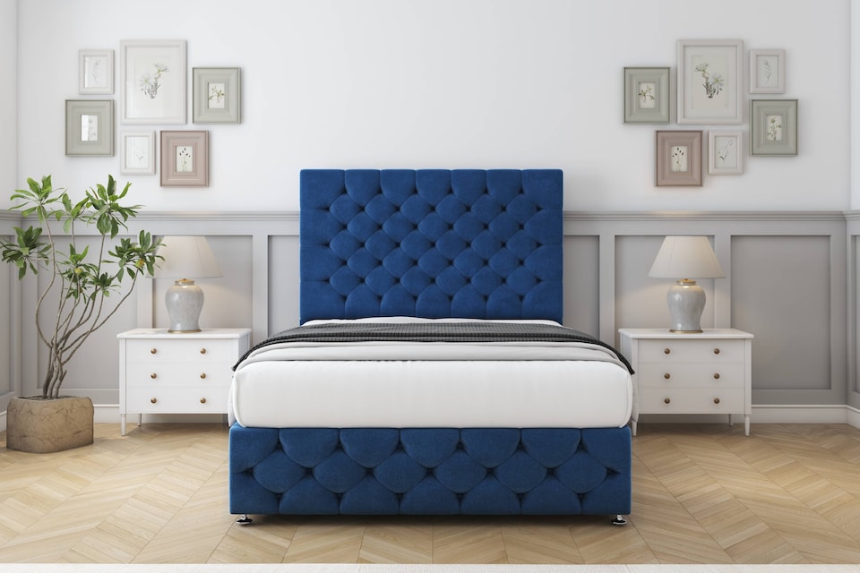 image 1 of Sloomy Watson Navy Plush Divan Bed Base 4 Drawers With 26 Inch Strutted Headboard & 12 Inch Matching Footboard | Blue | Navy | King | 1