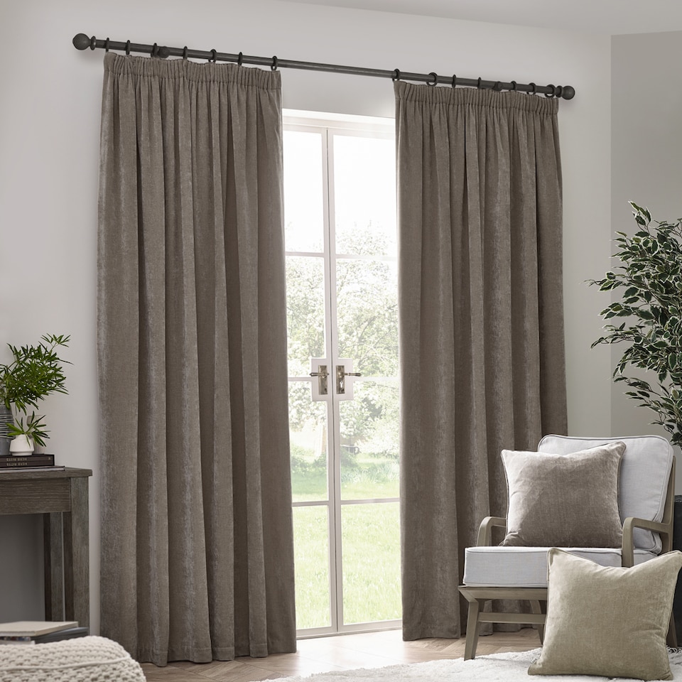 image 1 of Heavy Chenille Blackout Pencil Pleat Curtain Pair | Grey | Greige | 2