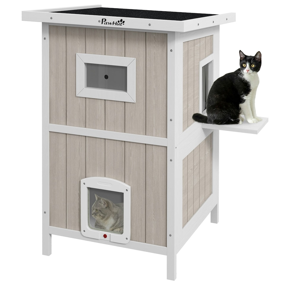 image 1 of PawHut Outdoor Wooden Cat House w/ Removable Bottom, Escape Doors, for 1-2 Cats