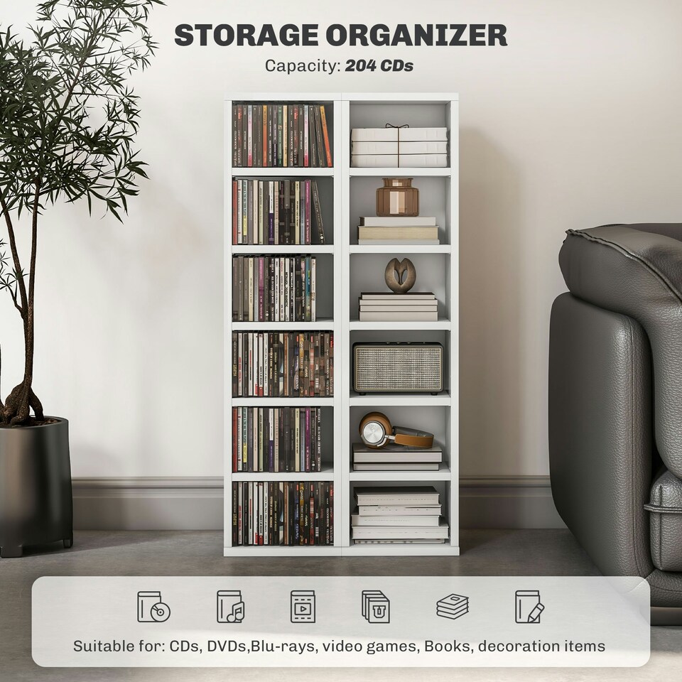 image 1 of HOMCOM Set of 2 CD Storage Units with Adjustable Shelves, High Gloss Grey