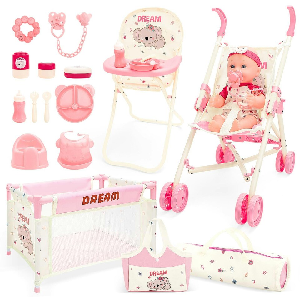 image 1 of Complete Baby Doll Accessories Nursery Set Pretend Role Play Cot Set for Kids Doll Crib Hogh Chair Prentend Play