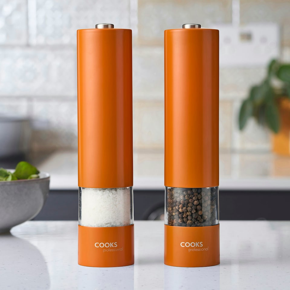 image 1 of Cooks Professional Electric Salt & Pepper Mill Set | Adjustable Grind Settings | Simple One-Button Operation | Orange