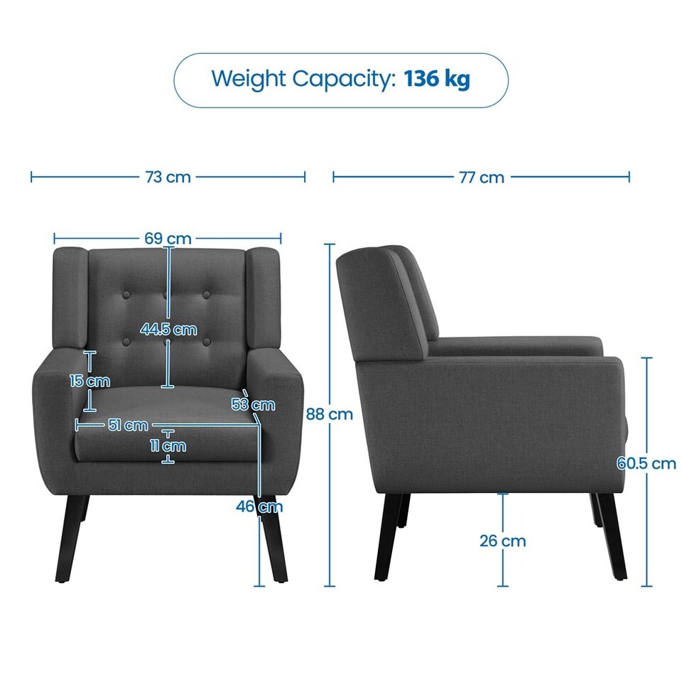 image 1 of Yaheetech Linen Fabric Accent Chair with Wood Legs Removable Cushion Grey | Dark Gray