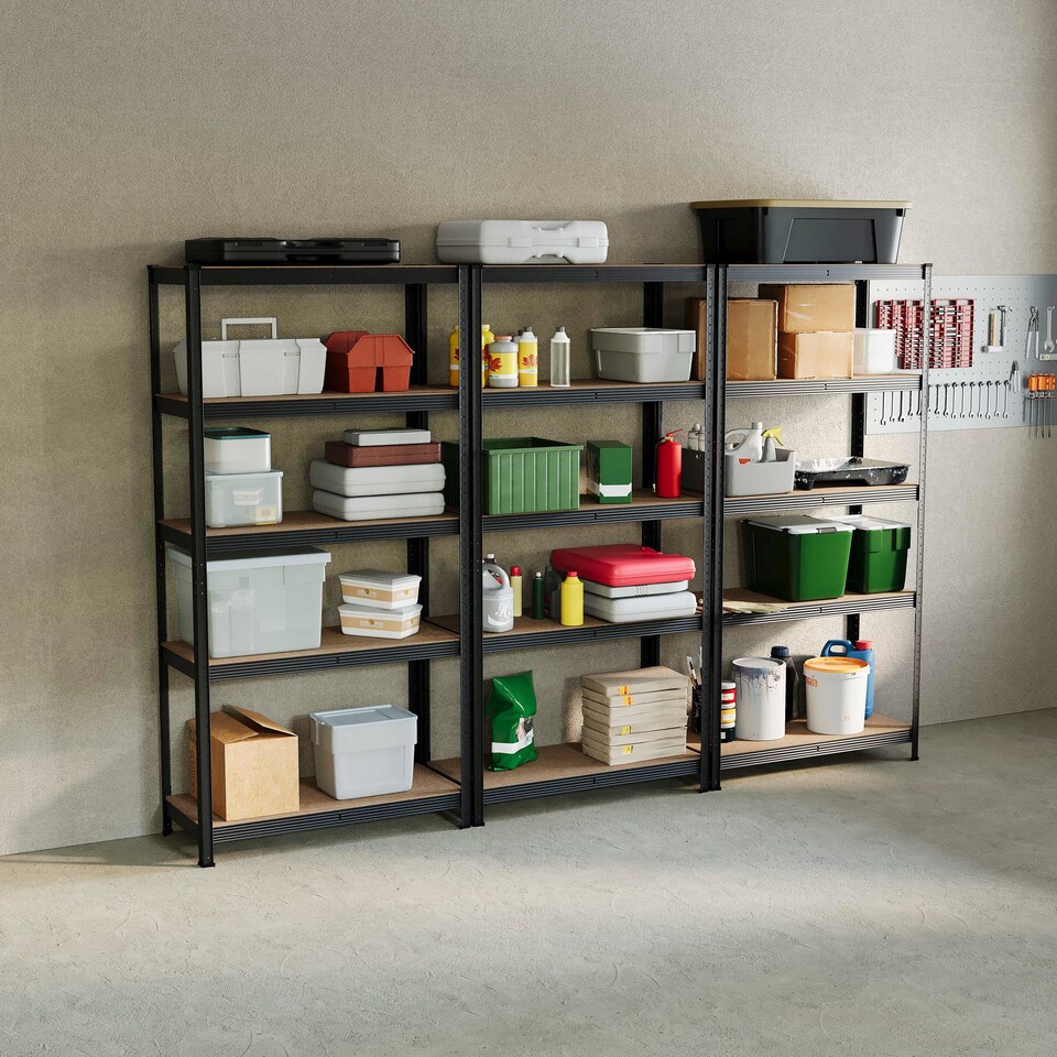 image 1 of Home Vida 5 Tier Large Heavy Duty Garage Shelves Adjustable Steel Shelving Storage Units - Black - Holds Upto 875kg Per Bay - 3 Bays