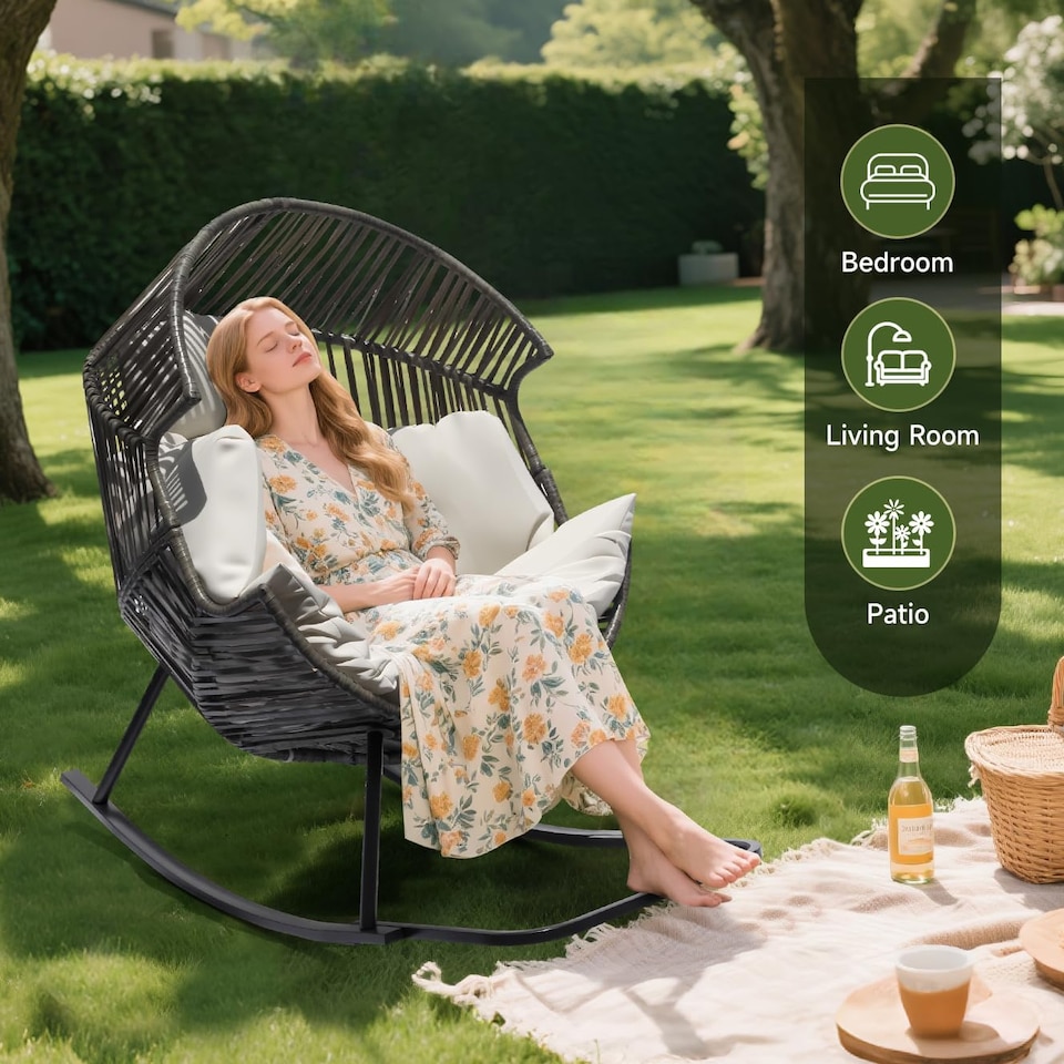 image 1 of Oversized PE Rattan Rocking Chair with Thick Cushion