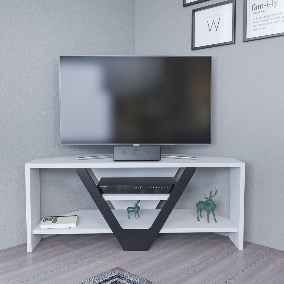 image 1 of Decorotika Karin Corner TV Unit for TVs up to 45 inches | Multi | Black and White