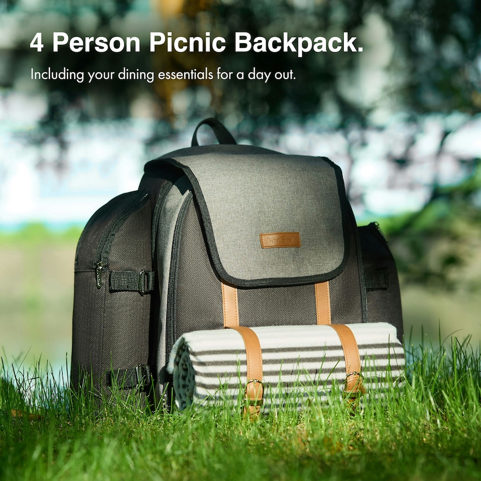 image 1 of VonShef Picnic Backpack, 4 Person Grey Insulated Picnic Bag with Dining Set