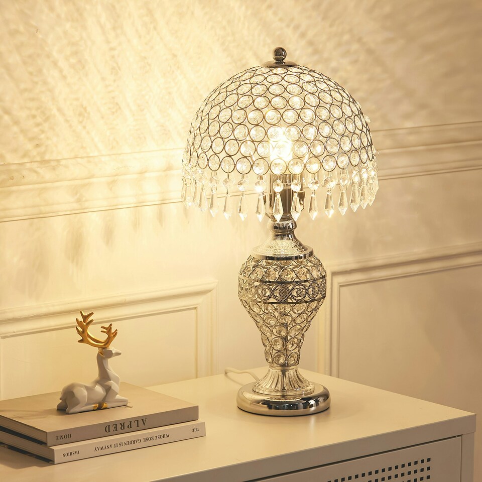 image 1 of Living and Home Umbrella Crystal Table Lamp 3 Light Tones for Bedroom | Multi