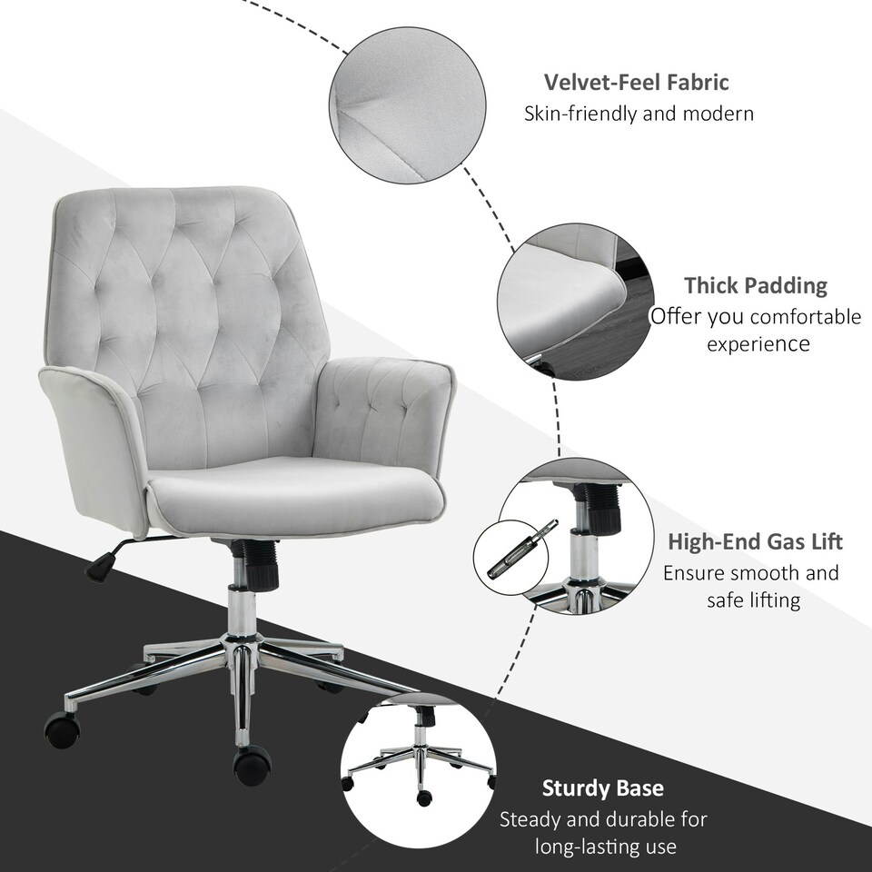 image 1 of Vinsetto Swivel Computer Chair with Arm and Tufted Backrest, Light Grey