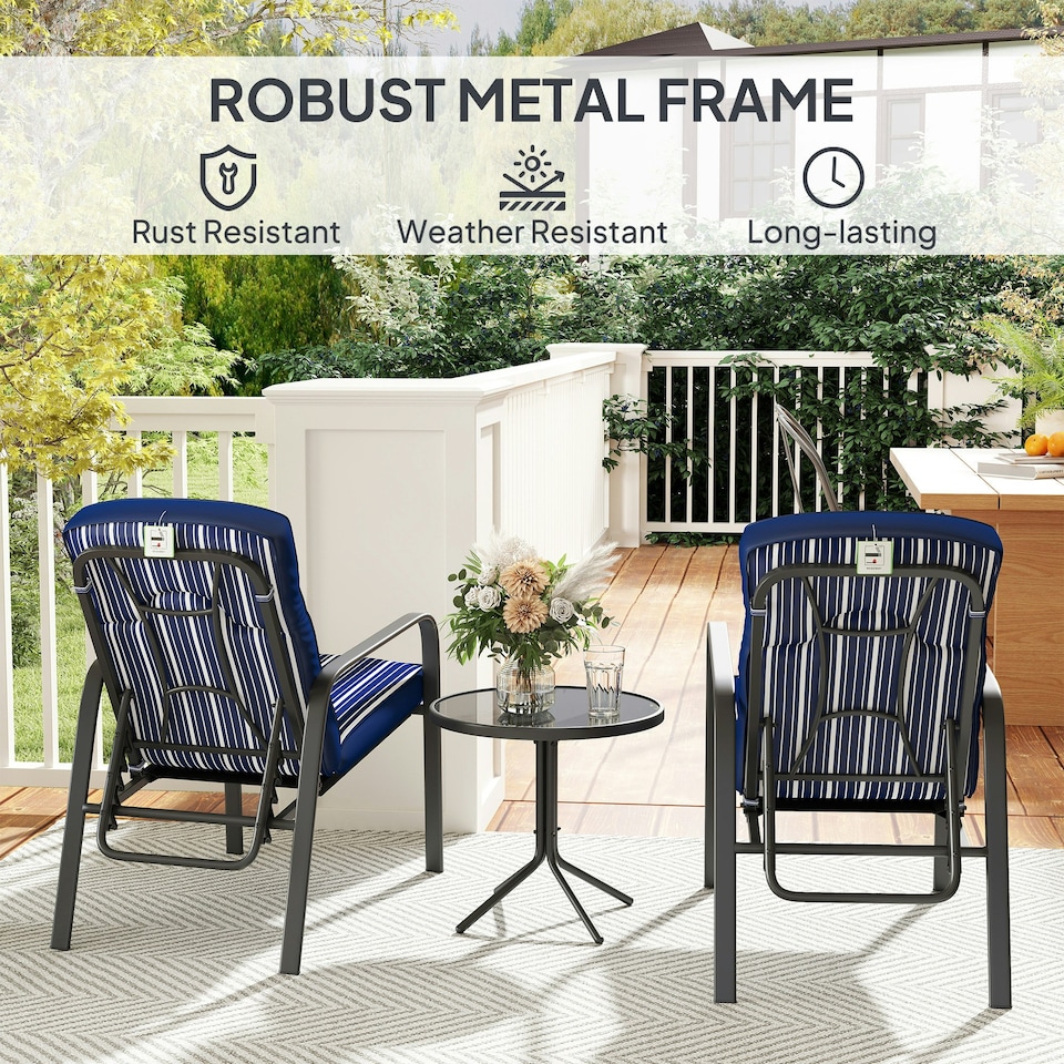 image 1 of Outsunny 3-Piece Recliner Garden Chairs and Tempered Glass Table Set, Blue