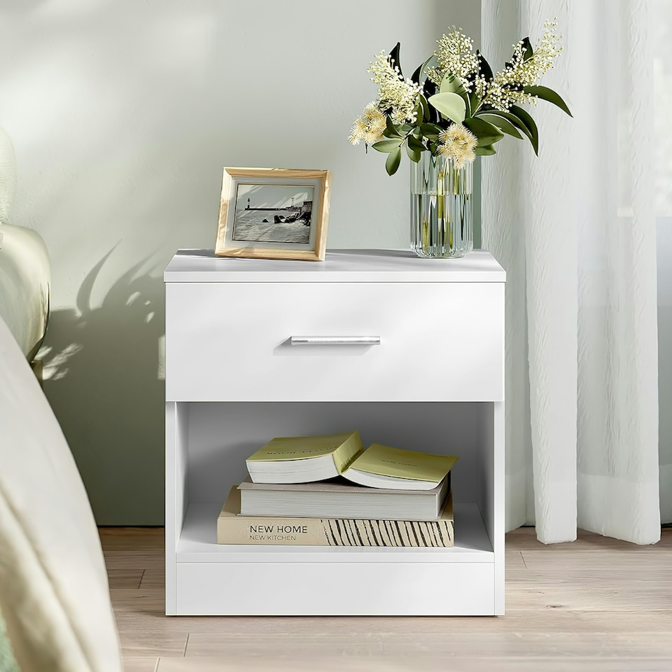 image 1 of Modern Bedside Table with Drawer and Open Shelf High Gloss In White White