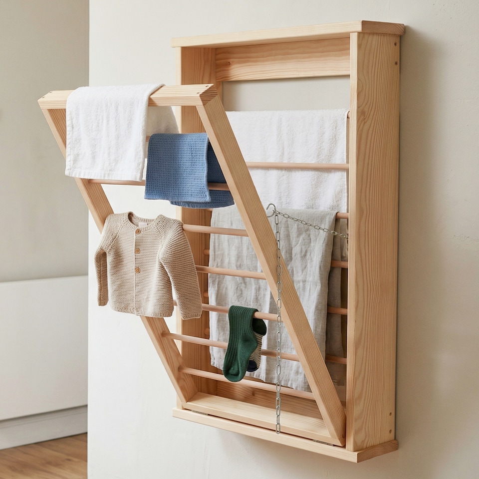 image 1 of Natural Wall Mounted Wooden Clothes Drying Rack with Double side Rails - Foldable and Space-Saving Clothes Airer