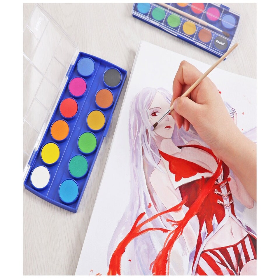image 1 of Portable Travel 12 Watercolour Paint Set with Brush