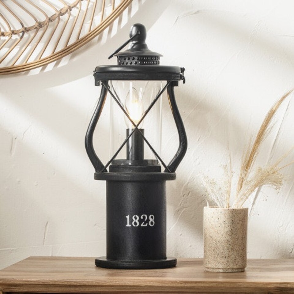 image 1 of Black Wood Lantern Table Lamp Miners Oil Lamp