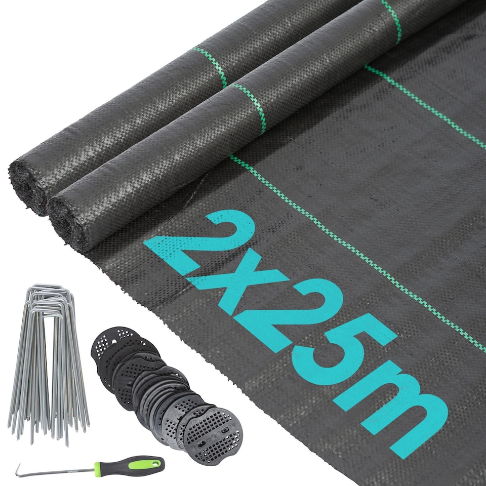 image 1 of Harbour Housewares 110gsm Weed Control Membrane Set with Pegs & Plates - 4m x 25m | Black | Black