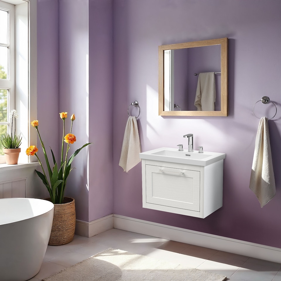 image 1 of Balterley Traditional Bathroom Wall Hung 1 Drawer Vanity Unit and 3 Tap Hole Modern Fireclay Basin | White | Nimbus White