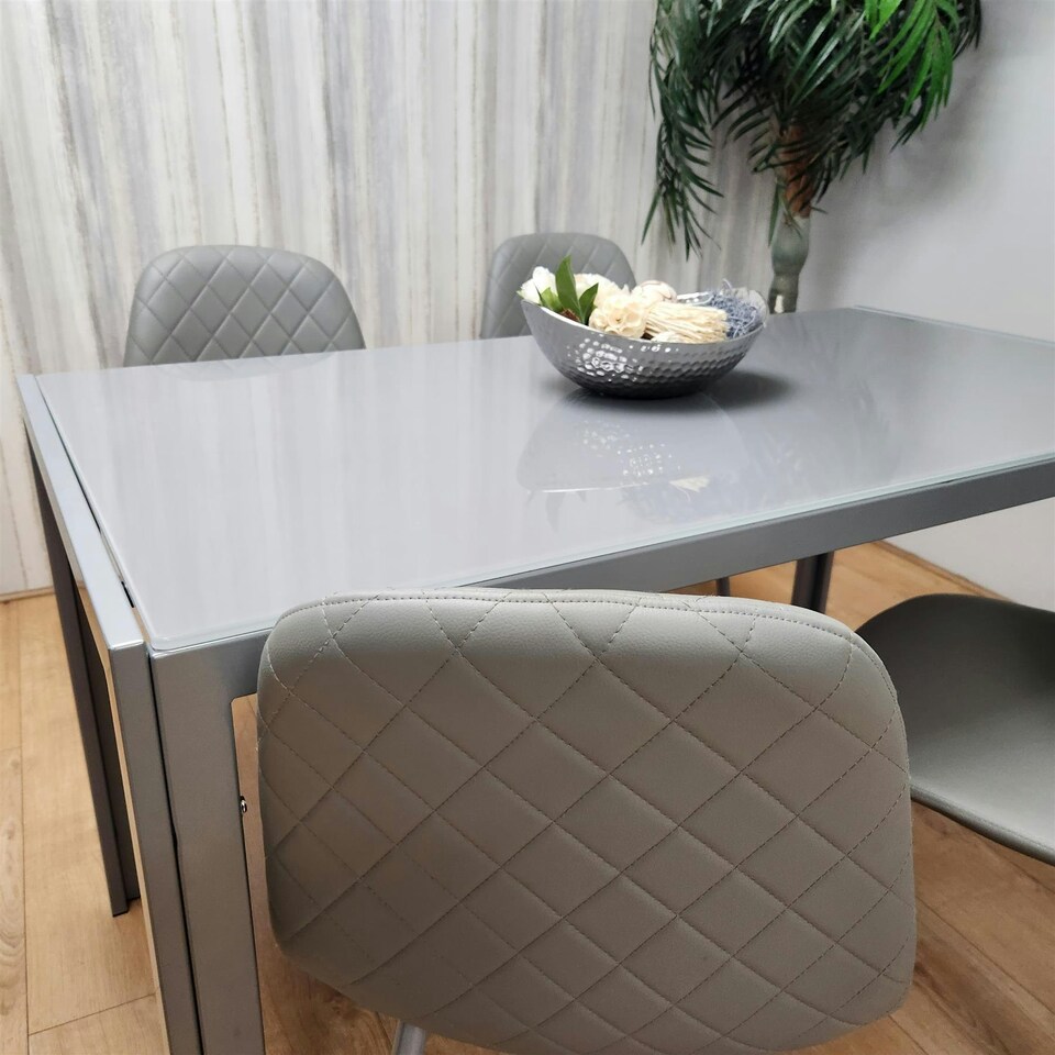 image 1 of Glass Dining table and 4 grey leather chairs Grey Glass Table And 4 Chairs kitchen dining room furniture Grey