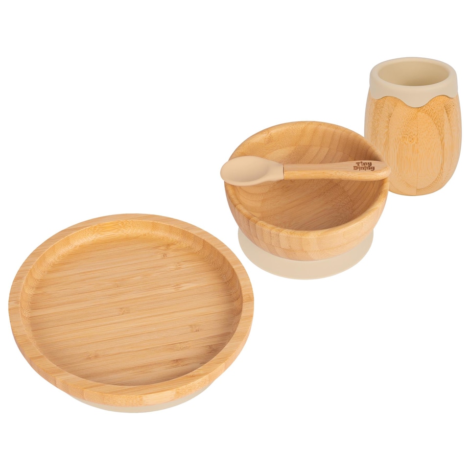 image 1 of Tiny Dining 4pc Round Bamboo Suction Baby Feeding Set - Beige