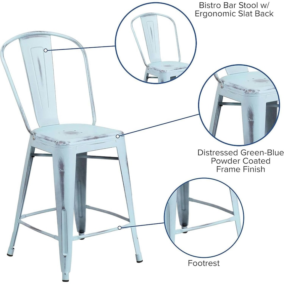 image 1 of Blake 24" Industrial Style Bar Stool Chair, Pale Blue - Set of 4 - Modern Metal Counter Height Blue