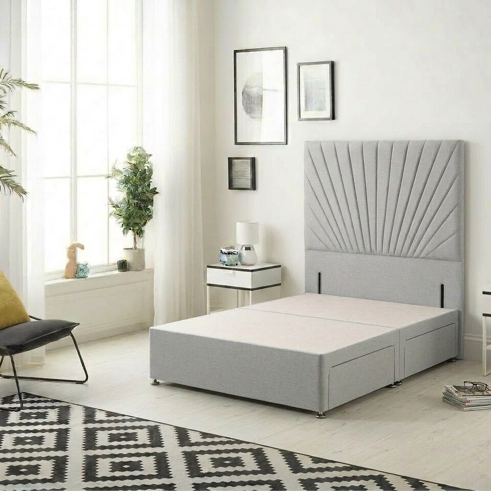 image 1 of Sunburst Divan Bed with 2 Drawers & 54'' Floor Standing Headboard Linen Fabric | Grey | Sage