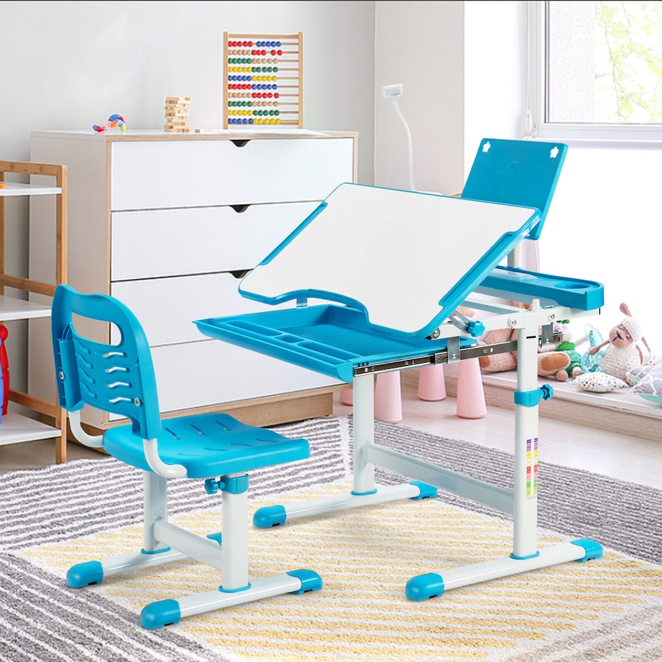 image 1 of COSTWAY Kids Desk and Chair Set Height Adjustable Kids Study Table and Chair Set-Blue