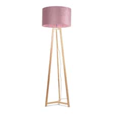 ValueLights Lottie Natural Wood Tripod Floor Lamp Blush Pink Velvet Shade | Pink
