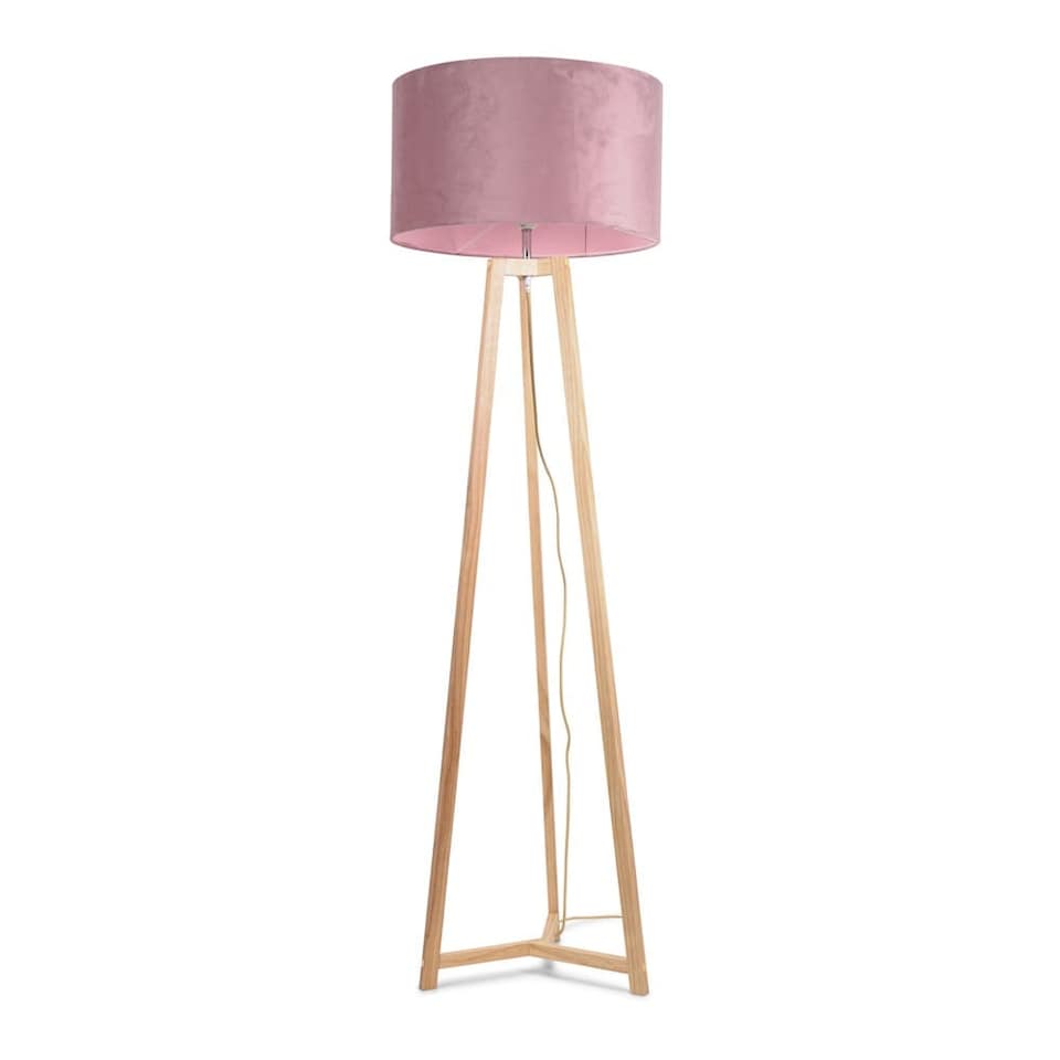 image 1 of ValueLights Lottie Natural Wood Tripod Floor Lamp Blush Pink Velvet Shade | Pink