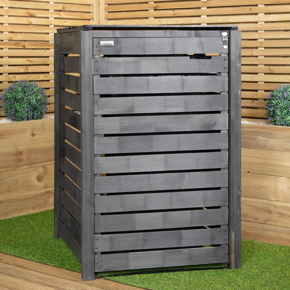 image 1 of 2.15m x 1.16m Outdoor Wooden Garden Triple Wheelie Bin Store Storage for 3 Bins in Dark Grey