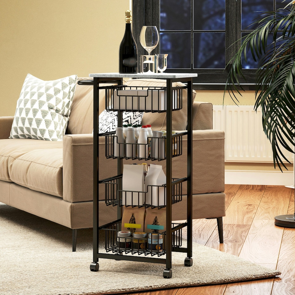 image 1 of HOMCOM 4-Tier Kitchen Island on Wheels with 4 Pull-Out Baskets, Light Grey
