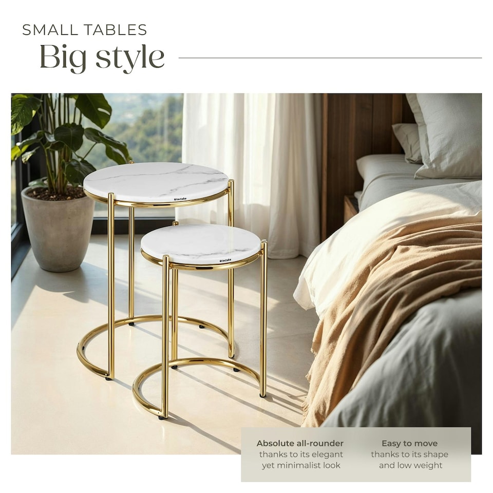 image 1 of Side Table Ellsa - marble top, steel frame, elegant design - Set of 2 | White | Gold
