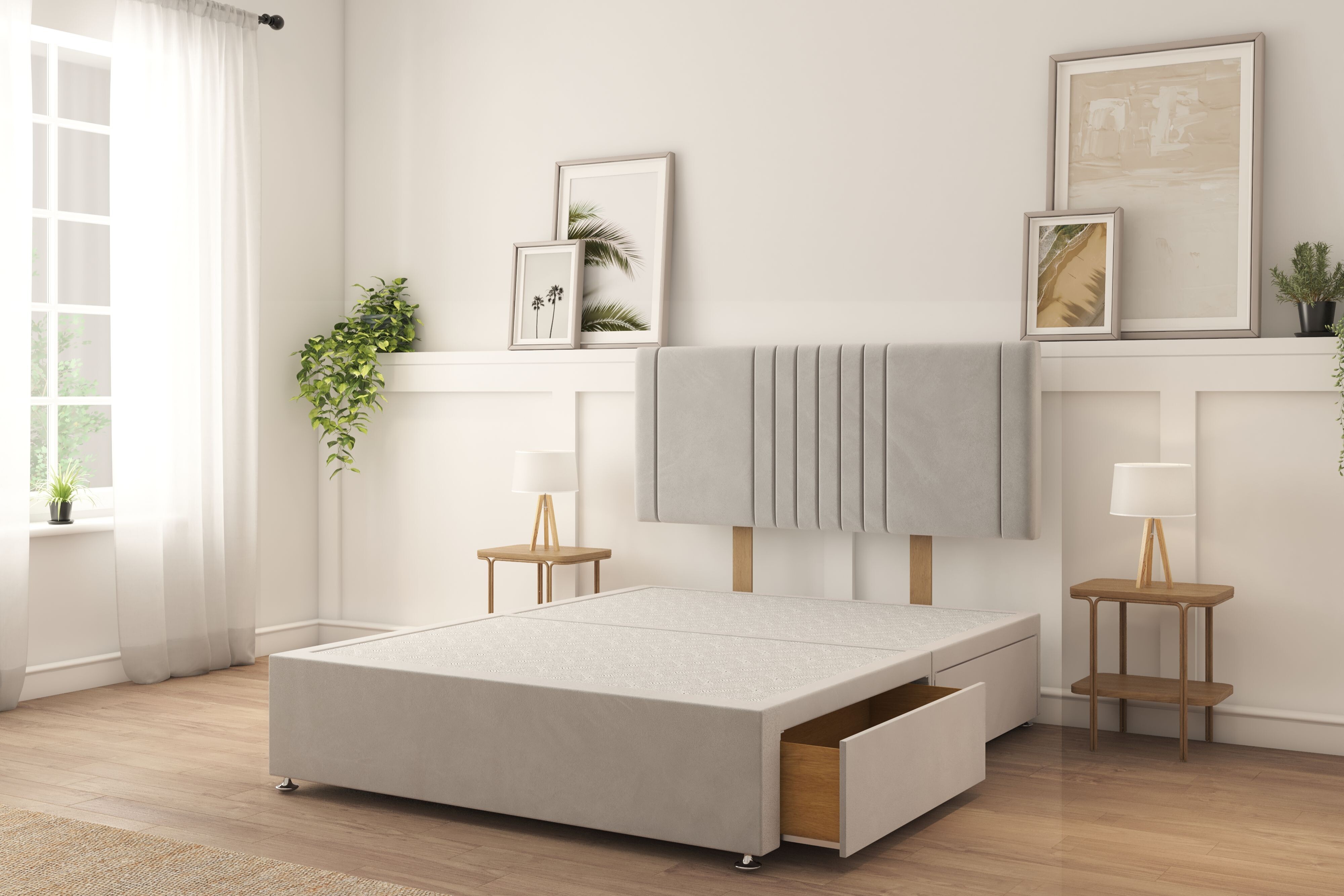 Sloomy Langston Silver Plush Divan Bed Base 2 Drawers Same Side With 26" Strutted Headboard 4'6 Double